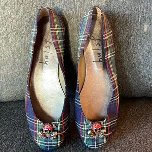 French Sole NY FS NY flats ballerinas plaid fabric skull crystals sparkly US 7